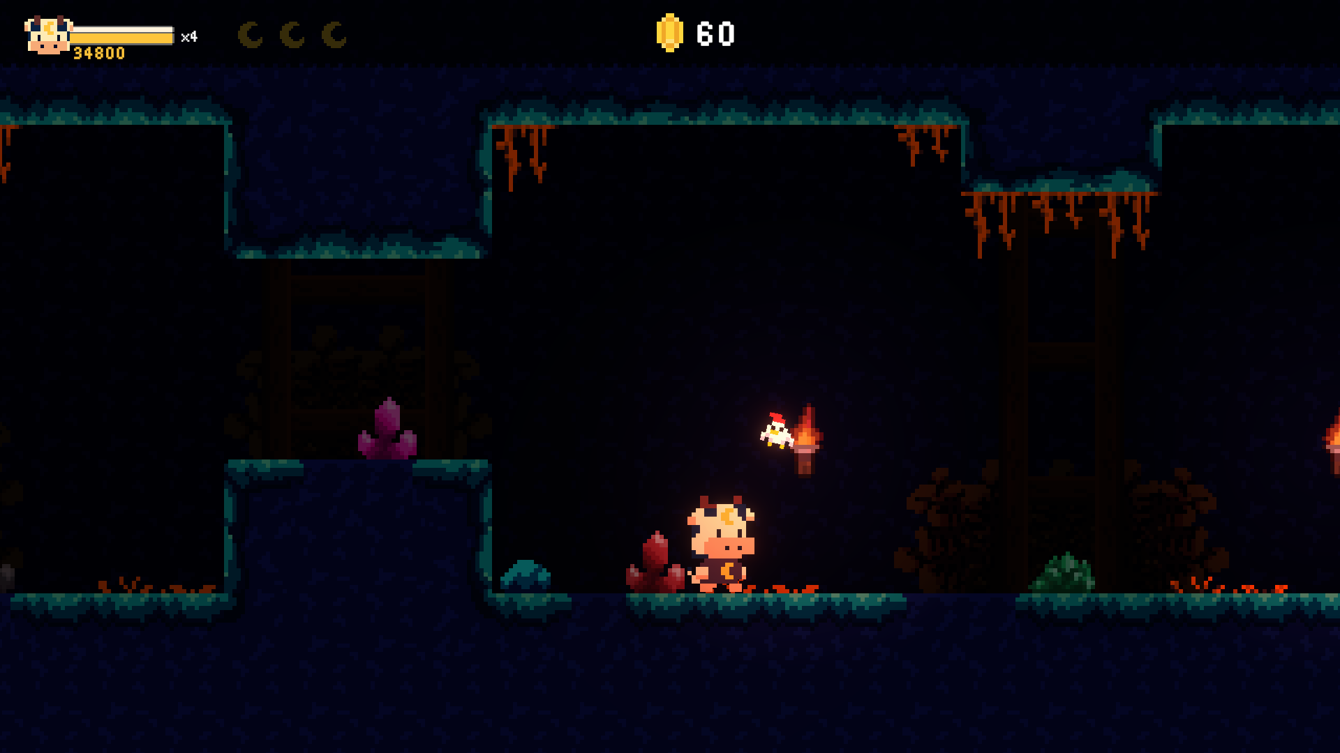 Luna and Pipkin exploring a firelit cavern